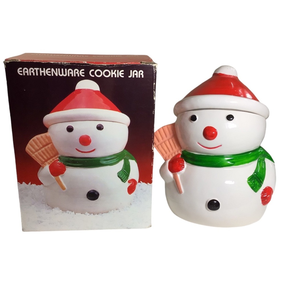 VTG Earthenware Snowman Cookie Jar In Box Winter Snowman